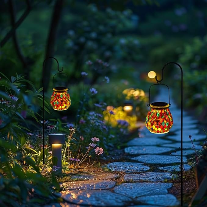 Starsoul Solar Lanterns Outdoor Waterproof, Exquisite Colorful Mosaic Glass Solar Garden Decor, Gifts for Women Mom Grandma