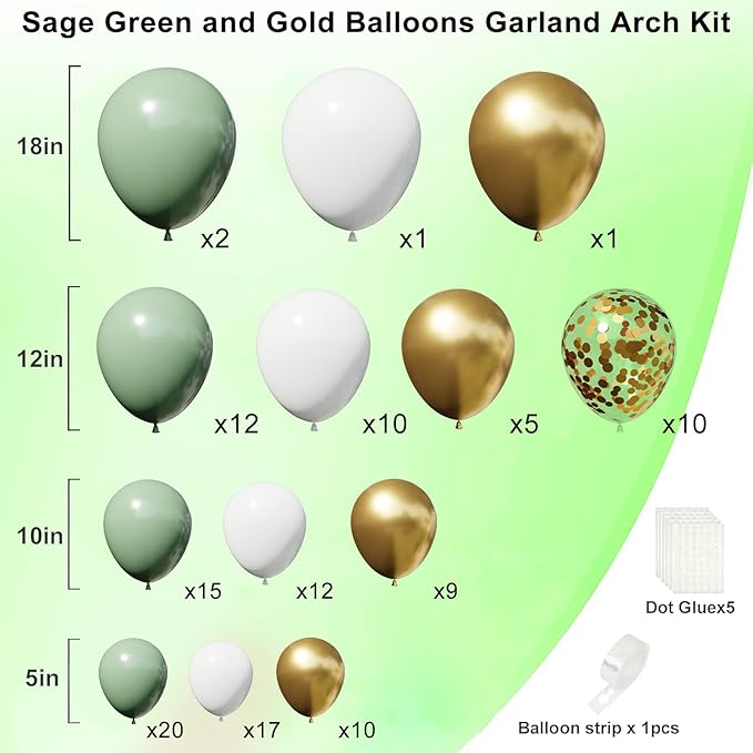 Sage Green Balloon Arch Garland Kit, Sage Green White Gold Balloons for Boho Birthday Wedding Bridal Baby Shower Engagement Party Decorations