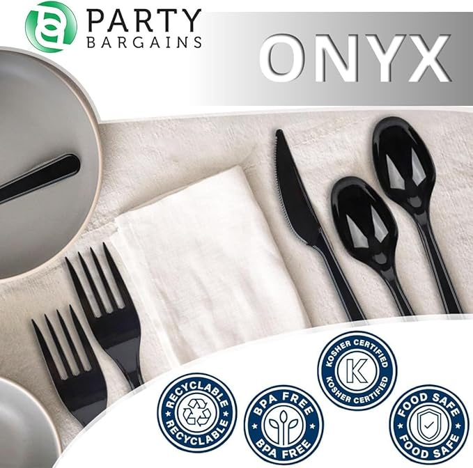 PARTY BARGAINS Onyx Settings Black Plastic Cutlery Set 720‑Piece – 360 Forks, 240 Spoons, 120 Knives – Heavy‑Duty Disposable Utensils for Parties, Weddings, Buffets, BBQs & Catering – BPA Free