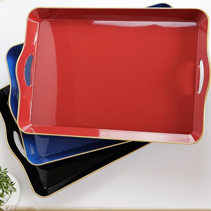 Spsyrine Large Red Decorative Tray, Elegant Plastic Serving Tray with Handles, Coffee Table Tray for Ottoman, Living Room, Home Decor 17.3"*11.8"*2"