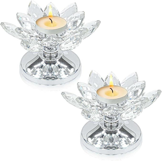 2 PCS Silver Crystal Flower Tea Light Holder, Glass Tealight Candlestick with Metal Base, Votive Candle for Table Centerpiece, Wedding, Parties Decor, Nice Gift