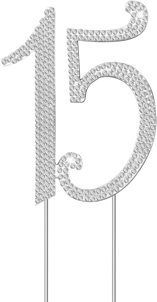 JANOU 15 Cake Topper Number 15 Crystal Rhinestones 15th Cake Decoration for Birthday Anniversary Party Decoration (Silver)
