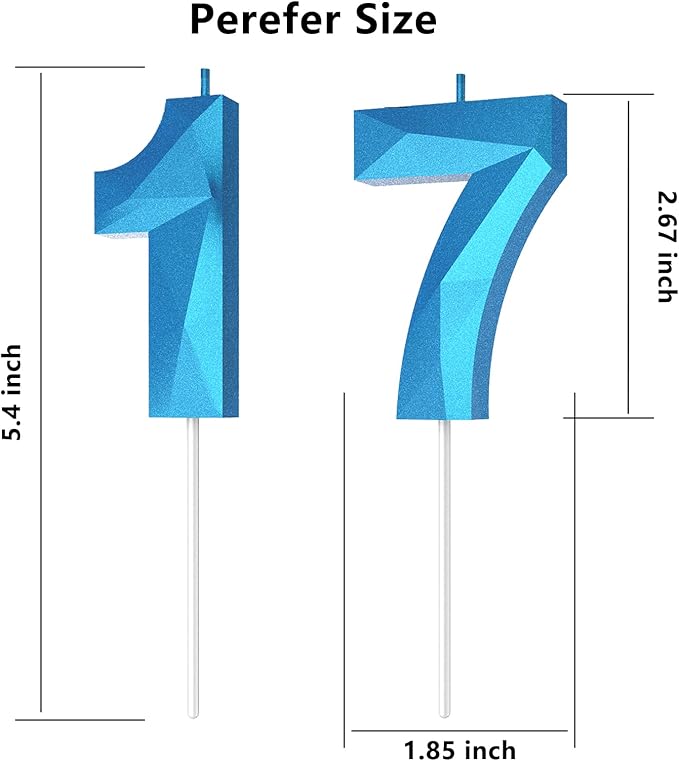 Number Birthday Candles(17 Candle Blue) 3D Diamond Shape Number Happy Birthday Cake Candles for Birthday Party Wedding Decoration Reunions Theme Party