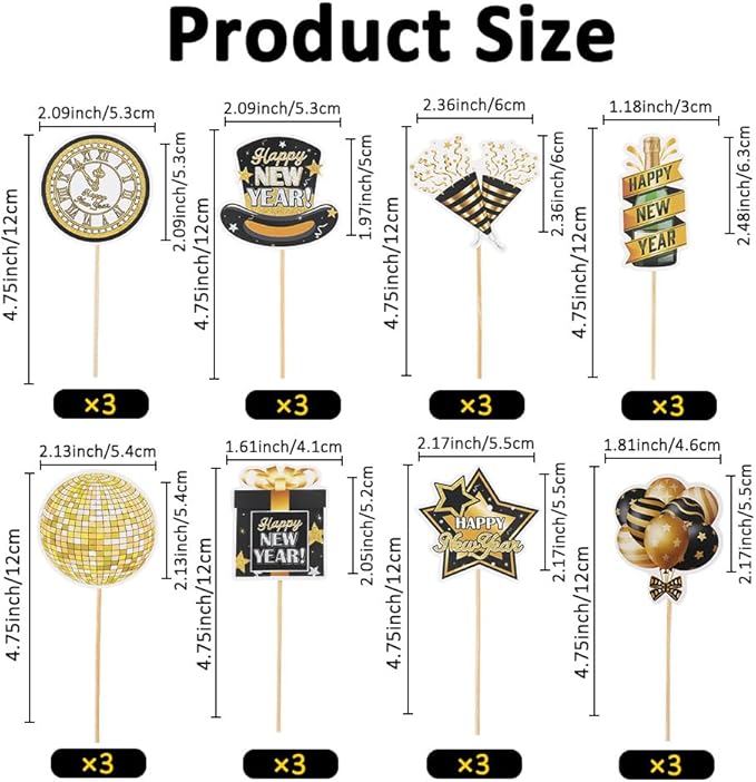 Happy New Year 2026 Cupcake Toppers, 24 PCS Happy New Year Decorations, Black and Gold Cupcake Toppers Cake Decorations Food Picks for New Year's Eve 2026 Party Decoration Supplies, 8 Designs