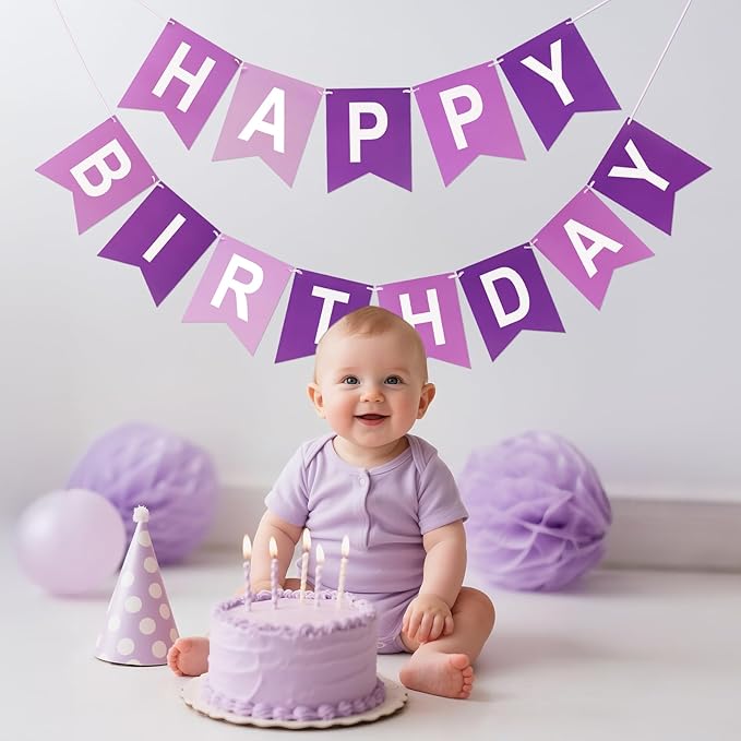 Happy Birthday Banner Birthday Party Banner NO DIY Happy Birthday Sign Pre-Strung Birthday Hanging Decoration for Women Men Girl Boy Party Supplies (Purple)