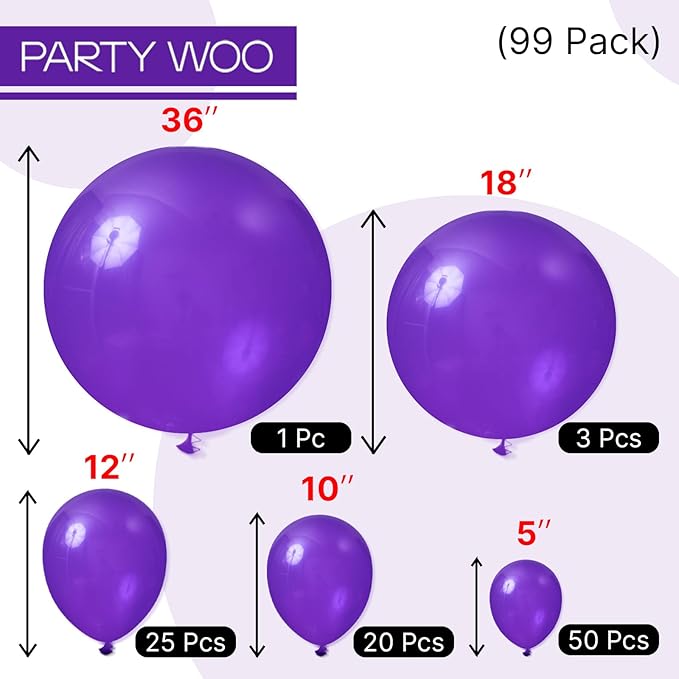 PartyWoo Dark Purple Balloons 99pcs Different Sizes of 36 18 12 10 5 Inch Royal Purple Balloon Arch Kit for Birthday Baby Shower Graduation Anniversary Bachelorette Party Decorations Purple-Y16