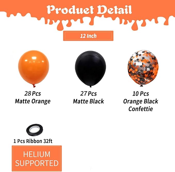 Black and Orange Balloons Kit, 65 12Inch Orange and Black Latex Balloons Halloween Confetti Balloon for Birthday Wedding Halloween Party Decorations