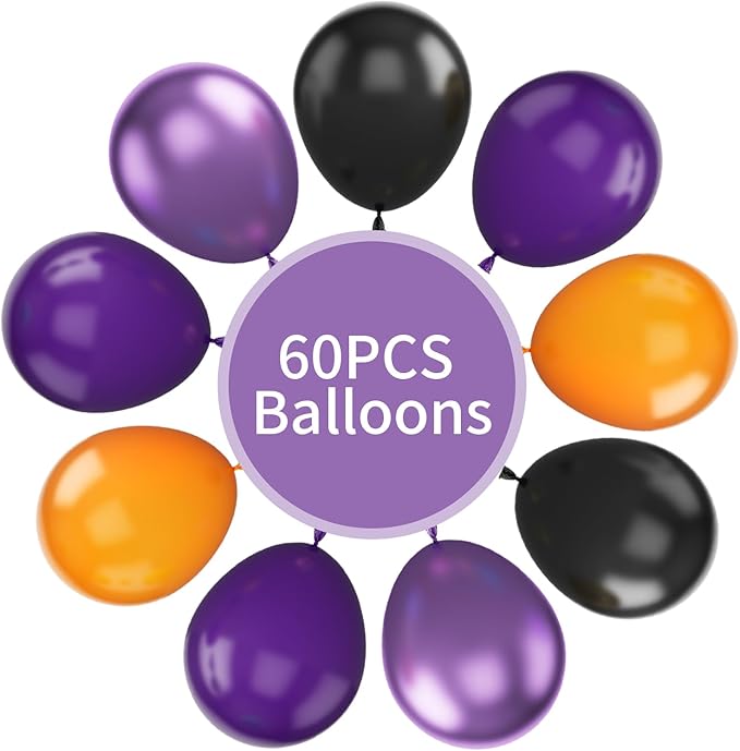 FunHot Halloween Party Balloons, 60Pcs Black Purple Orange Balloons, 12 Inch Metallic Purple Black Latex Balloons Purple Orange Party Balloons Helium for Kids Halloween Birthday Decorations Indoor