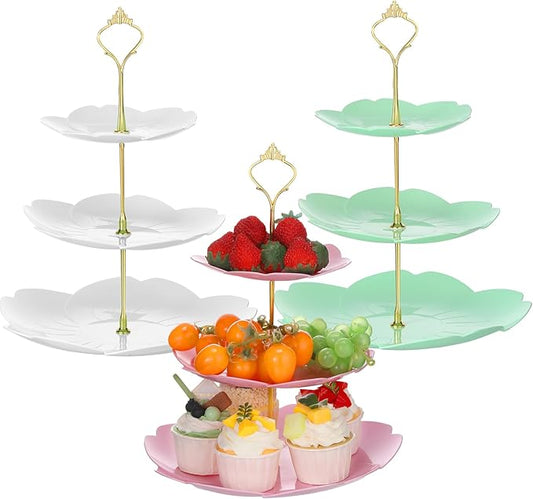 3 Sets Tea Party Decorations of 3 Tier Wedding Plastic Dessert Table Display Set Cupcake Stand Dessert Plates Cake Candy Display Tower Wedding Birthday Baby Shower Tea Party Decoration