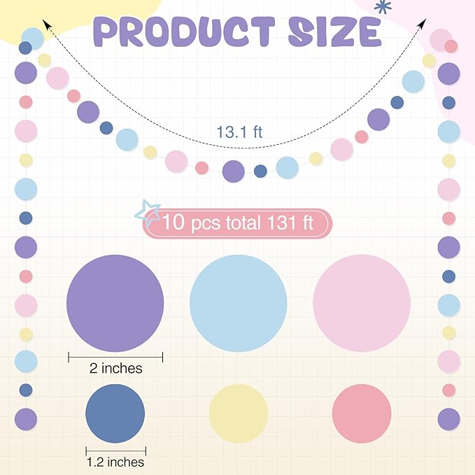 Outus 10 Pieces Colorful Circle Garland Banner Hanging Paper Dot Decorations for Classroom, Birthday Party, Baby Shower, Wedding Backdrop & Photo Booth Graduation Decor (Rainbow Color)
