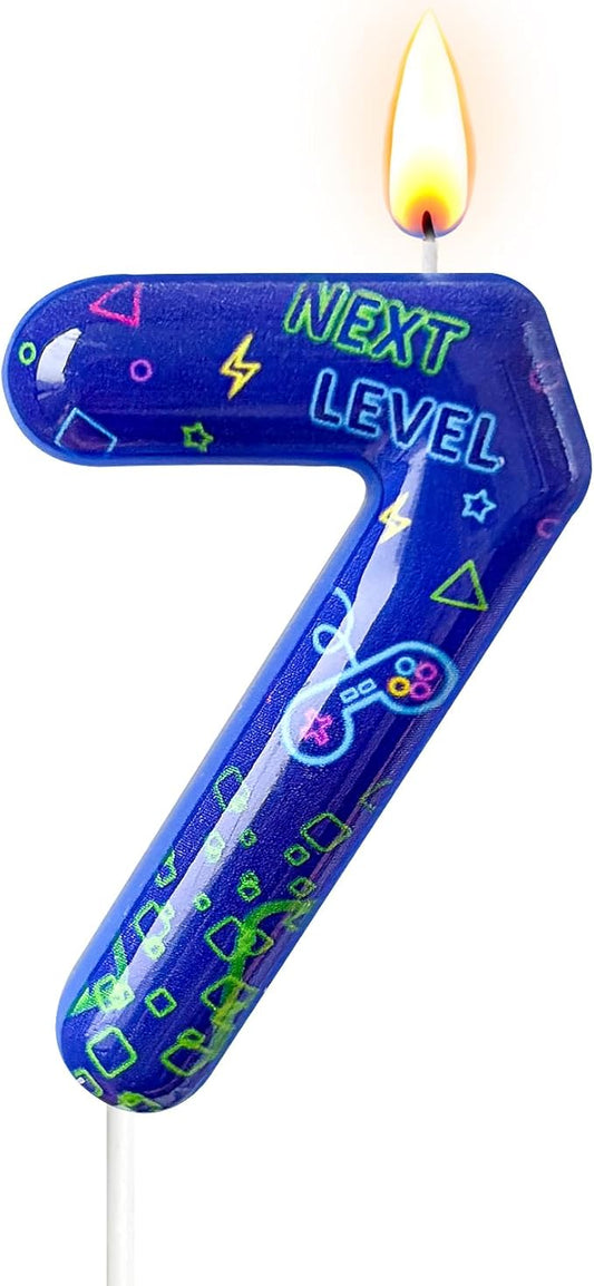 Number 7 Birthday Candle for Cake – Blue Gaming Theme Number Candle with “Next Level” Design, Video Game Style Cake Topper for Anniversary & Celebration