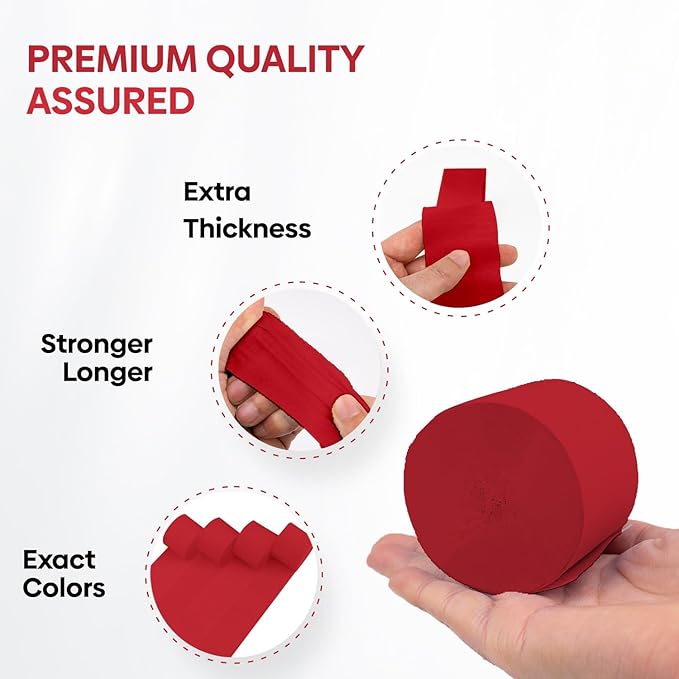 Captain Décor 4 Red Streamers, 382 FT Pack of 4 Red Crepe Paper Rolls, Streamers Party Decorations for Anniversary, Birthday, Wedding, and Other Celebrations (82 ft x 1.8 in/Roll)