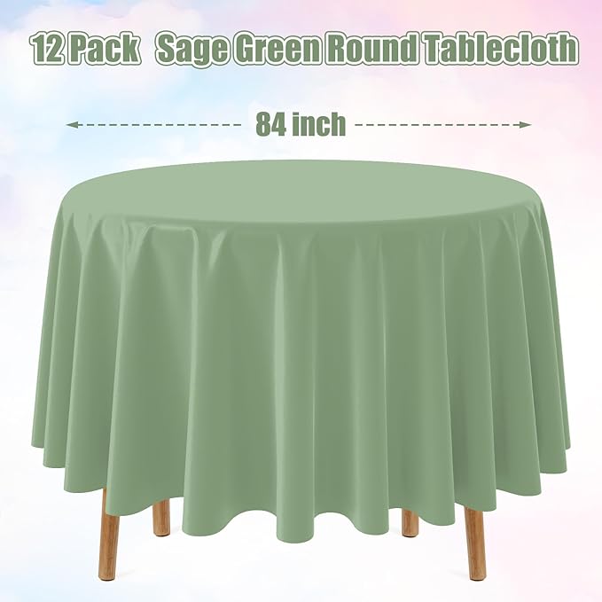 12 Pack Sage Green Plastic Tablecloths Round Light Green Tablecloth Waterproof Disposable Round Sage Table Cover for Birthday Bridal Wedding Baby Shower Party Decorations,84Inch