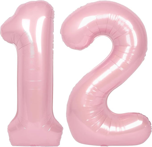SUWEN 40 Inch Pink Large 12 Number Balloons Big Foil Helium Number Balloons 0-9 Jumbo Happy 12th Mylar Birthday Party Decorations for Girl or Women 21 Anniversary Party Supplies