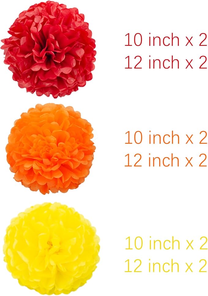 Red Orange and Yellow Tissue Pom Poms Paper Kit DIY Decorative Flowers Ball for Birthday Party Wedding Hanging Decorations Pack of 12 10in12in