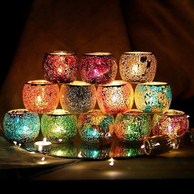 Romantic Mosaic Cracked Candle Holders(NO Candles) Wedding Dinner by Candlelight,Handmade Tea Light Holders Candles Cape Bowl for Valentine's,Christmas Table Centerpiece,Party Decor 1 PC (Nude Gold)