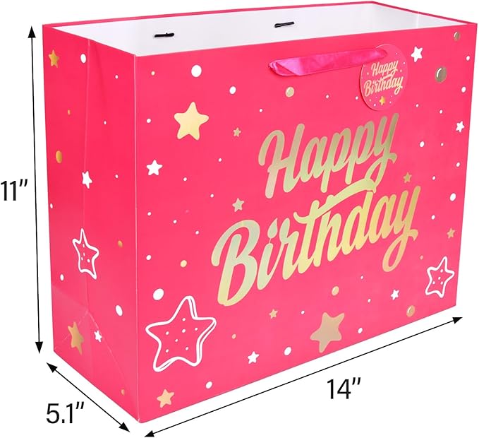 ZGORENDZ 14'' Large Gift Bag Gold Foil Happy Birthday Party Bag with Tissue Paper, Card, Envelope, Gift Tag for Birthday