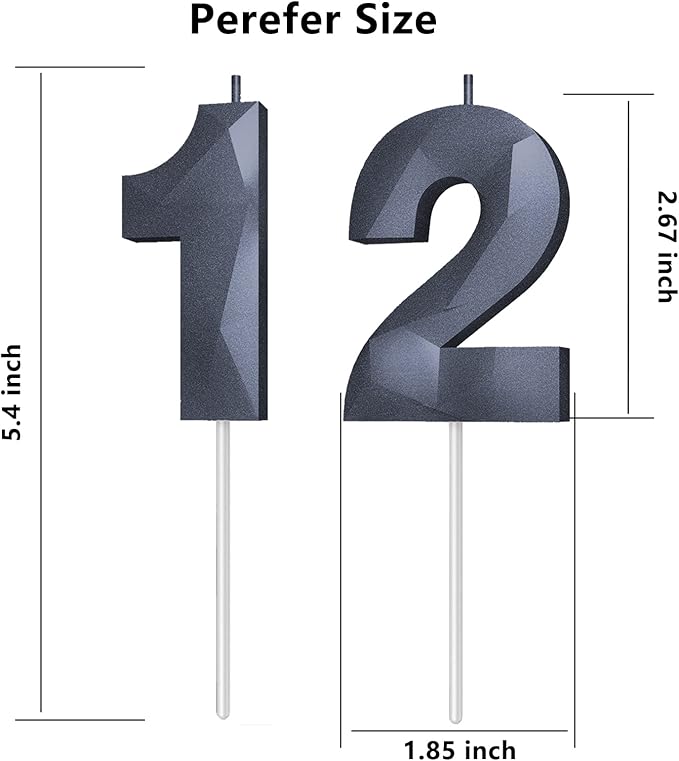 Number Birthday Candles(12 Candle Black) 3D Diamond Shape 12th Happy Birthday Cake Topper Decorations for Boy Men Birthday Wedding Anniversary Celebration Theme Party Supplies