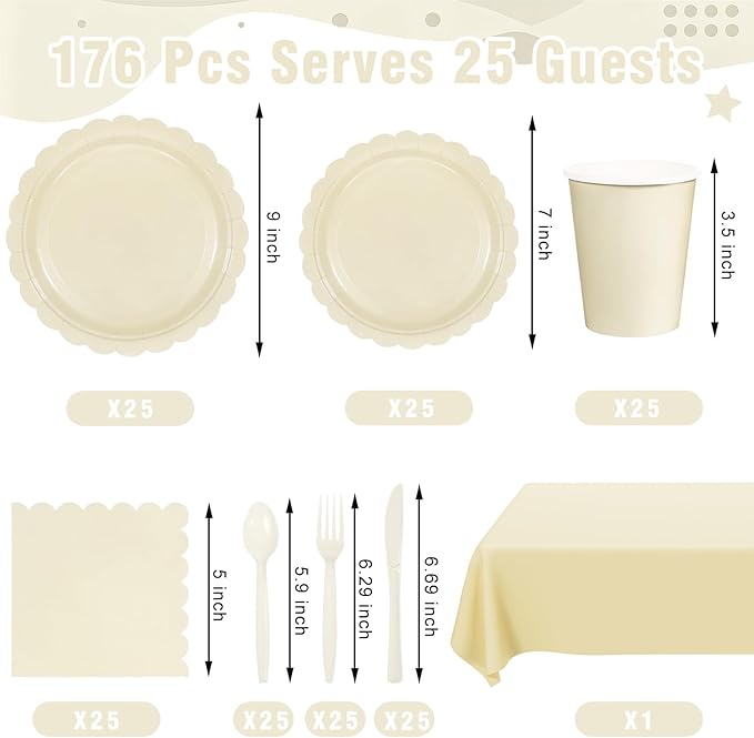 176 PCS Ivory Plates and Napkins - Beige Scalloped Plates, Napkins, Cups, Cutlery, Tablecloth for Baby Shower, Wedding, Birthday Party Decorations, Serves 25