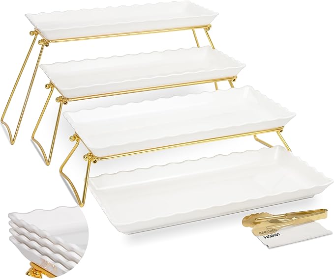 KAQAHIDO Extra Large 4 Tier Serving Tray Set, 34x22x10 inch Wave Edge Melamine Dessert Table Display Set, Tiered Trays Stand for Party Buffet Entertaining, Gold and White