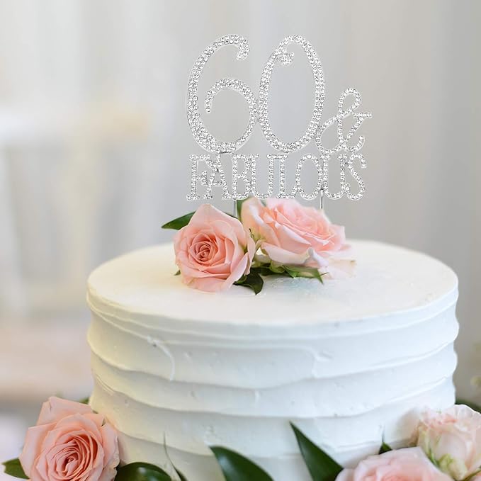 60 & Fabulous Cake Topper 60 Years Birthday Or 60th Wedding Anniversary Silver Crystal Rhinestone Party Decoration