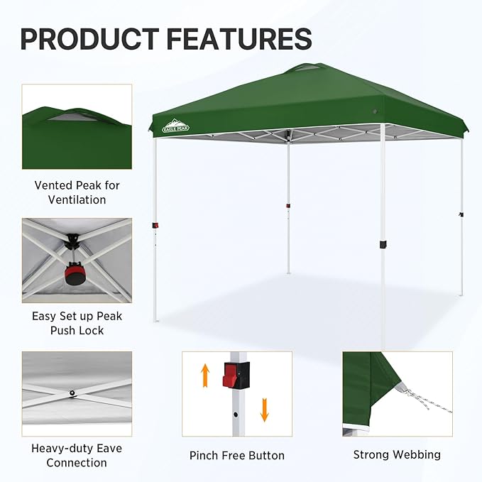 EAGLE PEAK Pop Up Canopy Tent with Wheeled Carry Bag, 8 Stakes, 4 Ropes, Easy Set Up Tent Canopy, 8x8 ft, Green