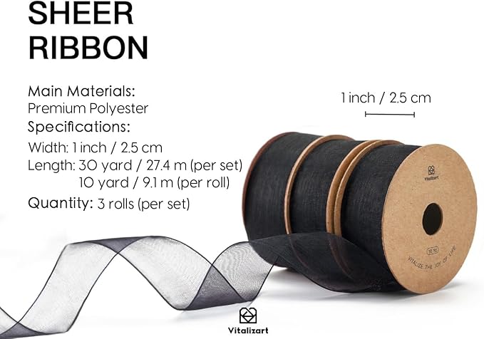 Vitalizart Black Ribbon Organza Sheer Ribbon 1 inch x 30Yd Handmade Fabric Ribbons for Gift Wrapping Christmas Tree Crafts Bows Wedding Invitations Wreaths Wrap