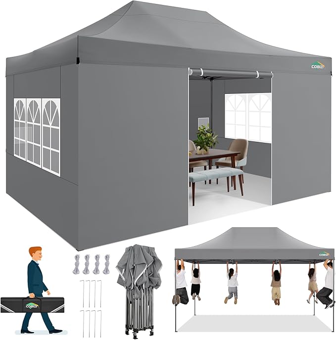 COBIZI 10x15 FT Heavy Duty Pop up Canopy with 4 Removable Sidewalls, Easy up Gazebo High Stability, All Weather Sunshade 100% Waterproof Outdoor Canopy Tents with Carry Bag, Gray