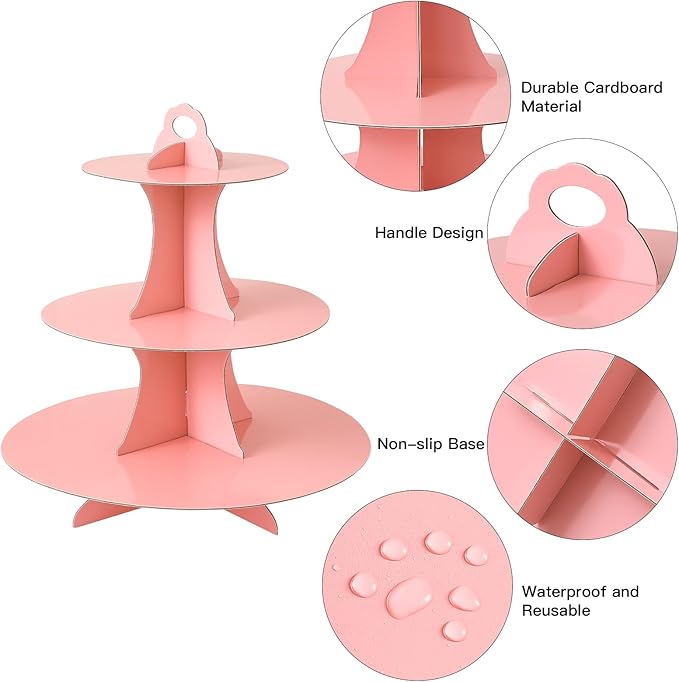 Soleebee 3-Tier Round Cupcake Stand, Cardboard Cupcake Tower, Dessert Cup Cake Stand Tower for Birthday Wedding Party Decoration, Cupcake Tier Stand 2 Set (Pink)