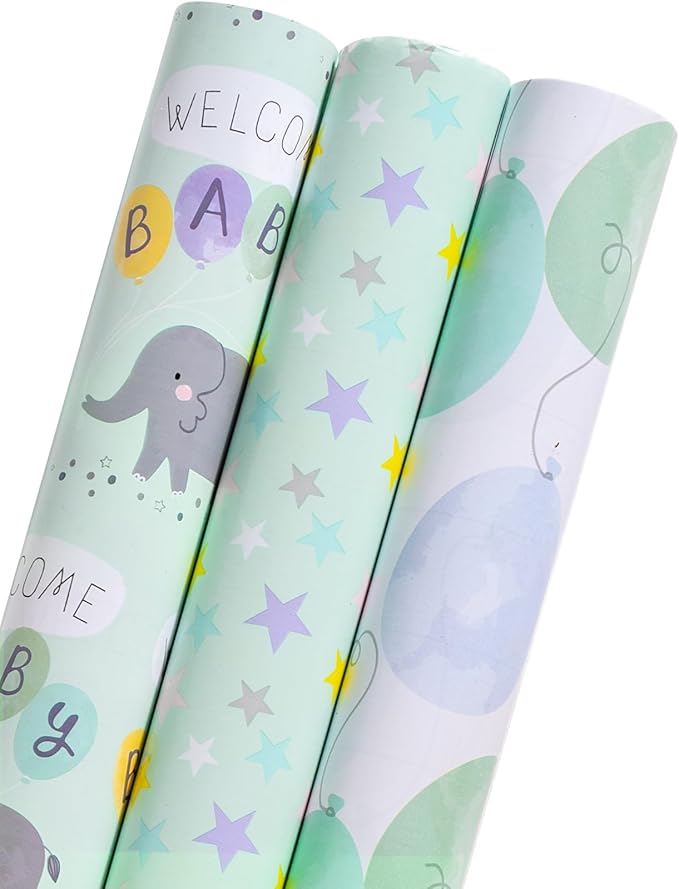 MAYPLUSS Baby Shower Wrapping Paper - 17" X 120" Per roll - Cute Little Boy Green Elephant Animal Design Birthday Joyful Celebration Gift Wrapping Paper for Baby Shower, Party, New Baby Birth