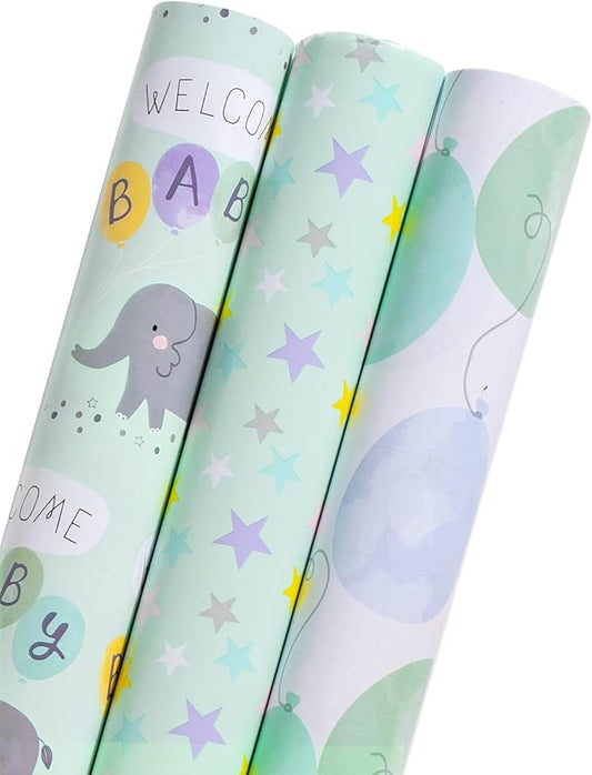 MAYPLUSS Baby Shower Wrapping Paper - 17" X 120" Per roll - Cute Little Boy Green Elephant Animal Design Birthday Joyful Celebration Gift Wrapping Paper for Baby Shower, Party, New Baby Birth