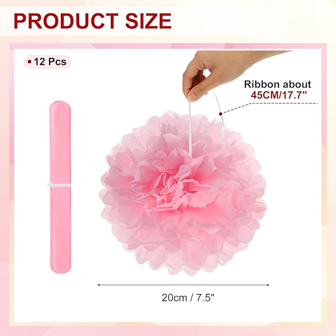 PATIKIL 8inch Tissue Paper Pom Poms, 12PCS Pom Poms Paper Flowers Ball Tissue Paper Flowers for Wedding Bridal Shower Birthday Bachelorette Party Backdrop Decoration, Pink