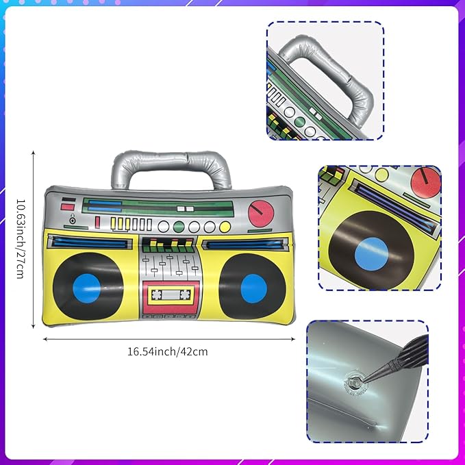 3 PCS Hip hop Props Inflatable Mobile Phone Inflatable Radio Boombox Inflatable Microphone Props for or 80s 90s Party Decorations Glow Theme Birthdays Party Graduations Photo Booth Props