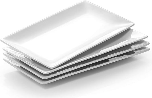 DOWAN 12" Rectangle Plates Set of 4 - White Serving Platters for Party, Wedding, and Entertaining - Rectangular Serving Trays Dishes for Steak, Taco, Sushi, Appetizer, Cake - Dishwasher & Oven Safe