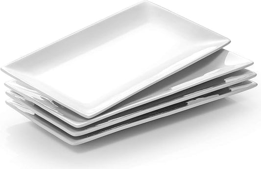 DOWAN 9.7" Rectangle Serving Plates Set of 4 - Restaurant Plates for Party, Wedding, and Entertaining - White Rectangular Dishes for Steak, Taco, Sushi, Chips, Appetizer, Cake - Dishwasher & Oven Safe