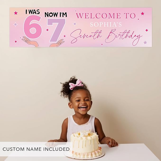 Andaz Press 13x48 Inch Custom 6 7 Birthday Banner Decorations, Personalized Birthday Banner with Custom Name, Pink 67 Happy Birthday Party Banner for Girls, Cute Backdrop for Home or Party Décor