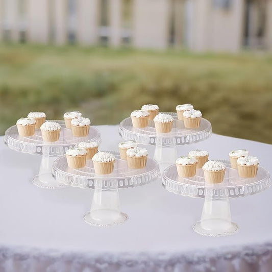 Efavormart 4 Pack | 13" Clear Round Pedestal Footed Reusable Plastic Cupcake Stands with Interchangeable Ribbon Trim Edge