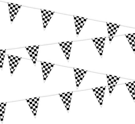 Checkered Pennant Banner Flags - GREATRIL Black White Racing Theme Triangle Bunting for Birthday/Garage/Race Car Party Decorations 4 Strings