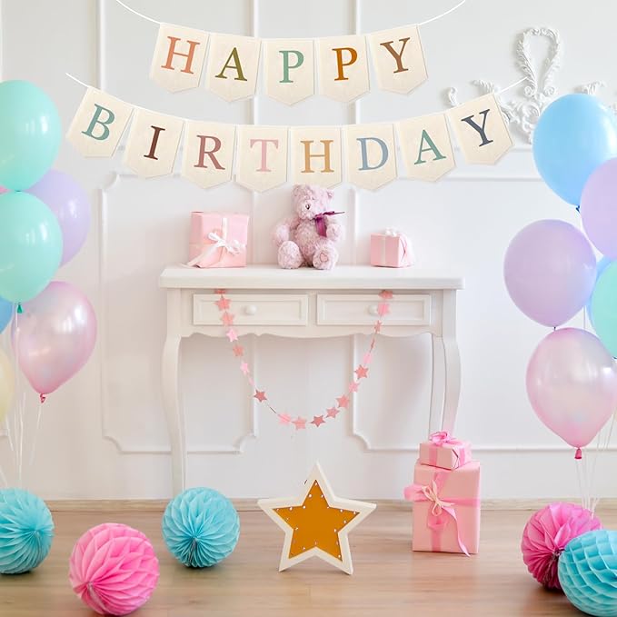 Doumeny Happy Birthday Felt Banner Boho Happy Birthday Hanging Banner Bohemian Birthday Felt Garland Flag Rainbow Birthday Bunting Garland for Party Baby Shower Home Fireplace Nursery Backdrop Decor