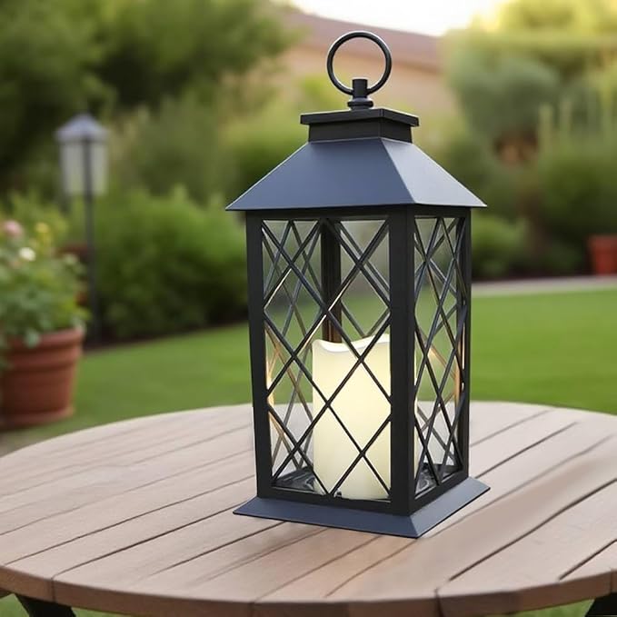 2-Pack 13.5" Vintage Candle Lantern with LED Pillar Light (Black, 6hr Timer) - IP44 Waterproof Battery Powered Decorative Light - Outdoor Hanging Lantern Decorative Indoor Candle Holder