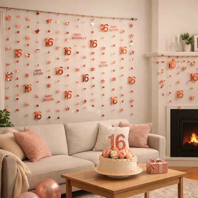 GCQQ 16th Birthday Decorations for Girls – 46FT Rose Gold Happy Birthday Number 16 Star Circle Dot Star Garland Set (14M) 4 Packs Pre-Strung Metallic Hanging Streamers for Sweet 16 Party Backdrop