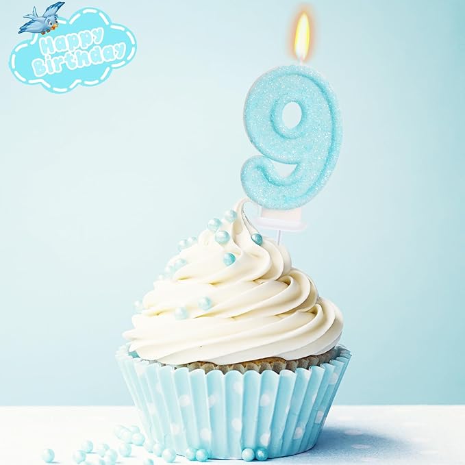Blue Birthday Candles - Number 9 Candle for 9th Birthday Decorations for Girls Boys, Sky Blue Cake Decorations Sweet Theme Party Supplies