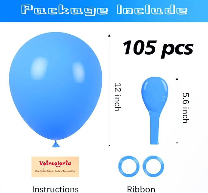 Voircoloria 105pcs Blue Balloons 12inch Party Latex Balloons for Boys Girls Birthday Baby Shower Gender Reveal Wedding Sunflower Party Decorations