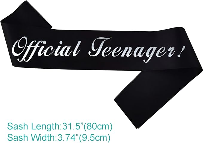 13th Birthday Sash, Silver Foil 'Official Teenager' Black Birthday Sash for Boy 13th Bday Party Decorations Gifts Favors