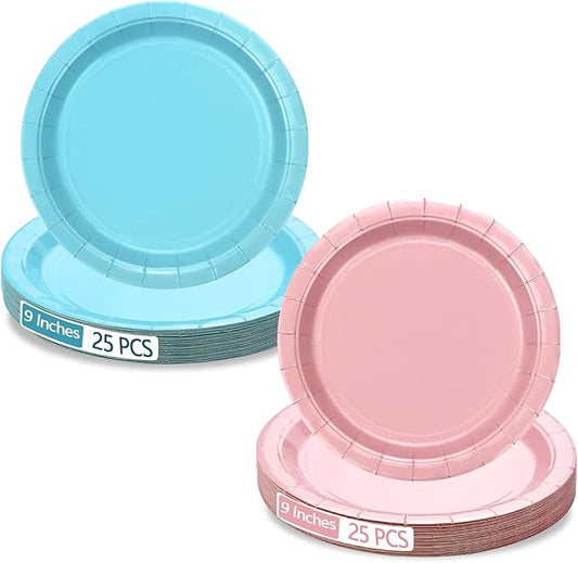 50Pcs Gender Reveal Paper Plates - 9" Light Blue and Pink Round Plates for Boys or Girls Baby Shower, Birthday Party, Bridal Shower Decorations