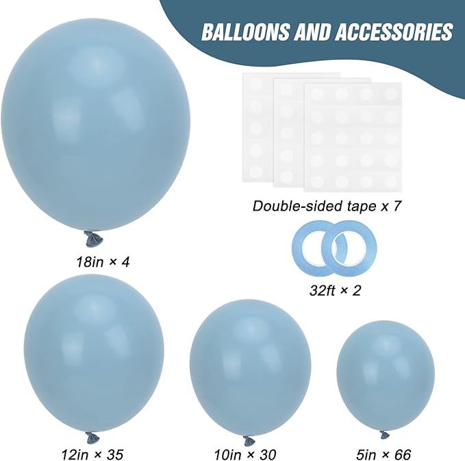 RUBFAC 135pcs Dusty Blue Balloons, Haze Blue Latex Balloon Different Sizes 18 12 10 5 Inch for Garland Arch Birthday Wedding Engagements Anniversary Baby Shower Party Supplies
