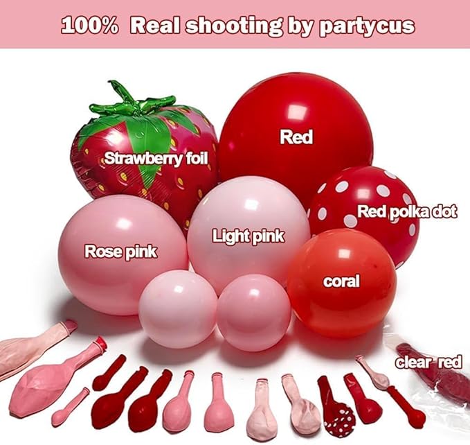 Strawberry Balloon Arch Kit Double Stuffed, Pastel Red Baby Pink Coral Balloon Garland with 18in Strawberry Foil for Berry First Birthday Baby Shower Sweet Mothers Day Wedding Party