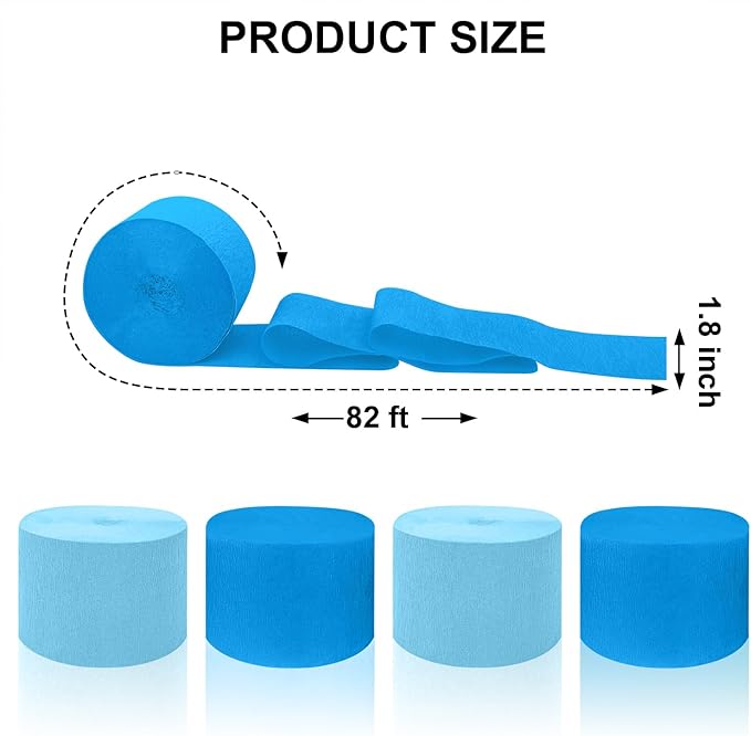 4 Crepe Paper Streamers Rolls, 328ft Pack of Blue and Light Blue Crepe Paper for Birthday Wedding Baby Bridal Shower Decorations Christmas Craft Supplies (1.8 inch x 82 ft/Roll)