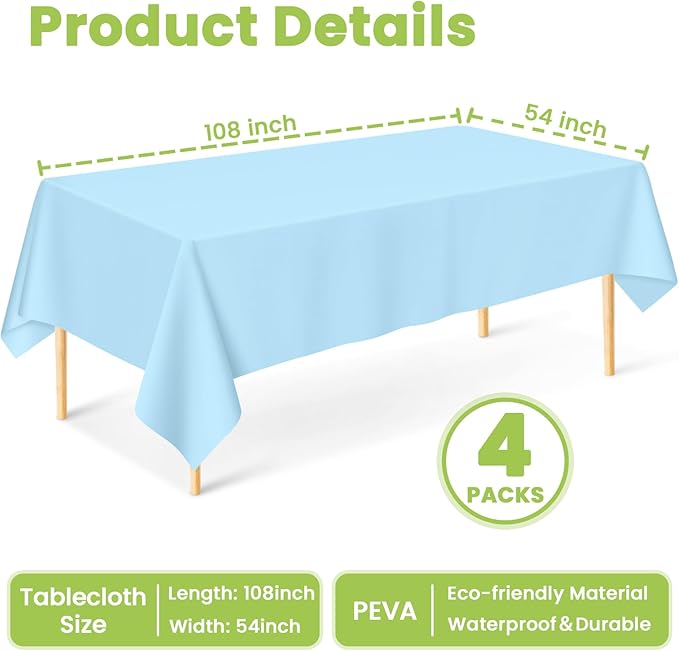 Mulbozy Light Blue Plastic Table Cloth Disposable 4 Pack, 54 × 108 Inch Tablecloths Rectangle, Baby Blue Plastic Table Cover for Party Decor