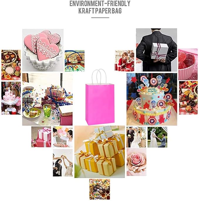 25 PCS Small Gift Bags Hot Pink Kraft Paper Bags with Handles for Party Favors (8.2 x 6 x 3.1 In)